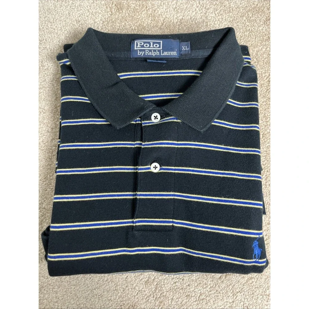 VTG 90s Y2K Polo Ralph Lauren Mens‎ XL Polo Shirt Black Yellow Striped Short Slv